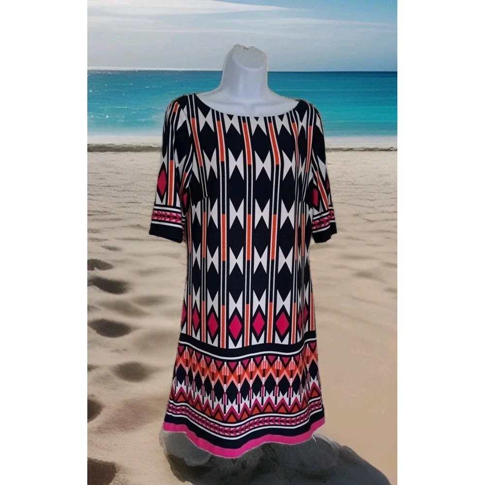 Eliza J Shift Dress 12 Abstract Print Artsy Stretch‎ Knit Lined Back Zip Beachy